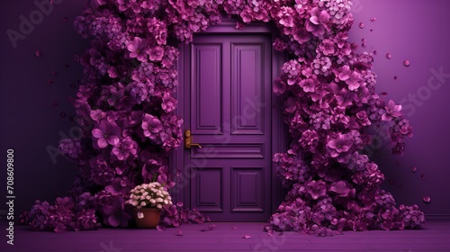 Beautiful volumetric flowers adorn a purple door situated against a blank  purple backdrop  Generative AI.