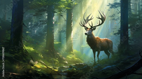Majestic Sylvan Elk roams through an enchanted woodland