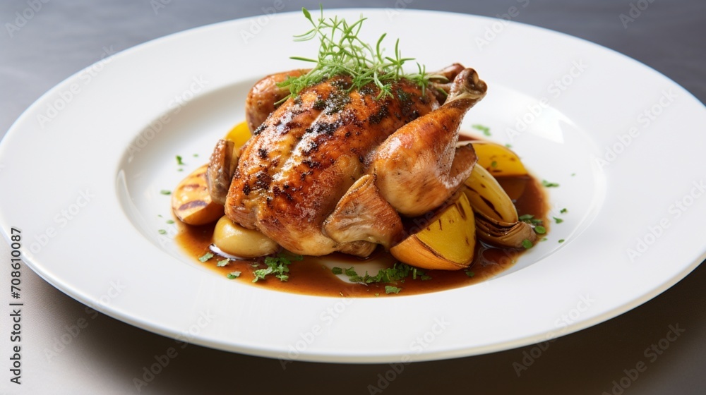 a roasted Cornish game hen, its golden-brown skin and tender meat showcased against the elegance of a spotless white canvas, inviting culinary delight.