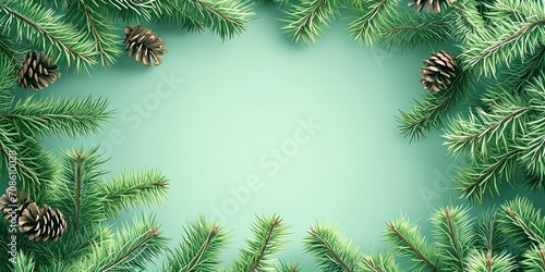Branches of Christmas tree on a light background  cones greeting card background.