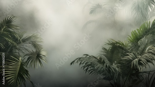 palm tree branches in a jungle forest enveloped in fog and haze  a minimalist modern style  highlighting the texture of the tropics and evoking a sense of tranquility and mystique.