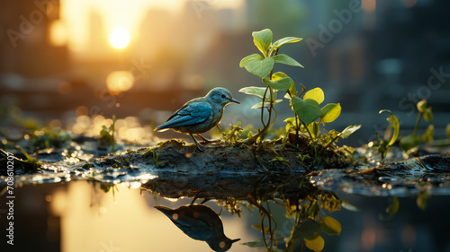 Urban Serenity: Delicate Bird Amidst Water Reflecting Sunrise in City - Nature's Whisper in the City, AI-Generated