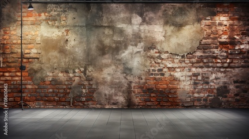 Blank studio with paper background and brick wall in a grunge style, Generative AI. photo
