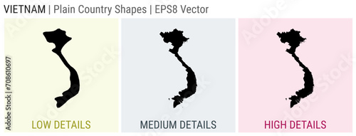 Vietnam - plain country shapes. Low, medium, and high detailed maps of Vietnam. EPS8 Vector illustration.
