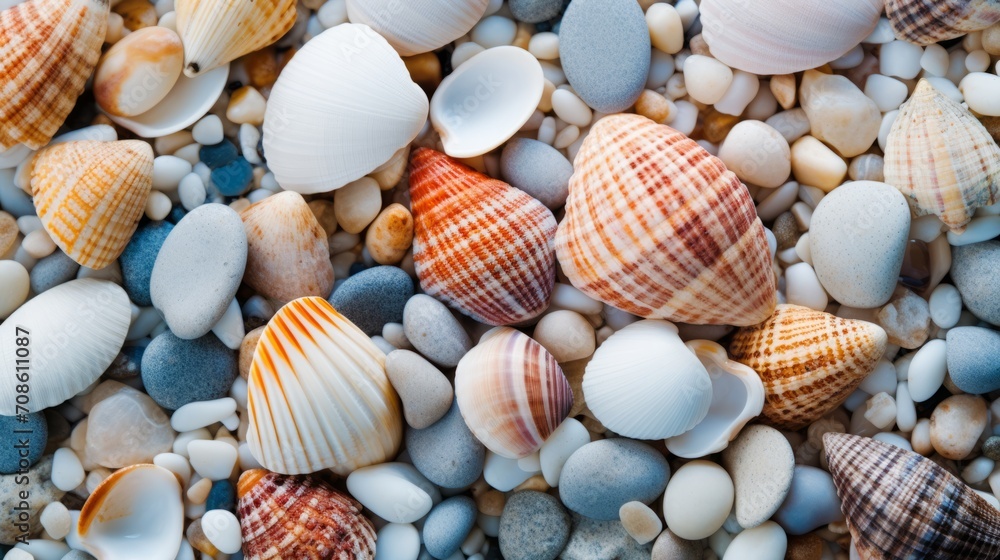 Seashells and pebbles scattered along the beach, gifts of the ocean
