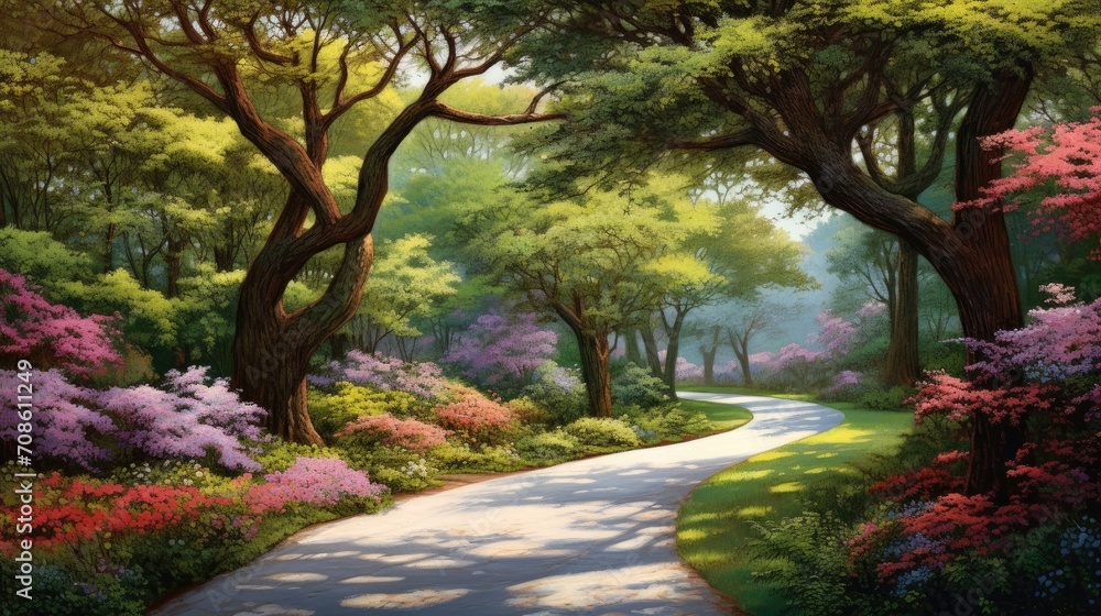 a roadway winding through lush green trees, the natural splendor and serenity of the tree-lined path, creating an inviting and tranquil scene.