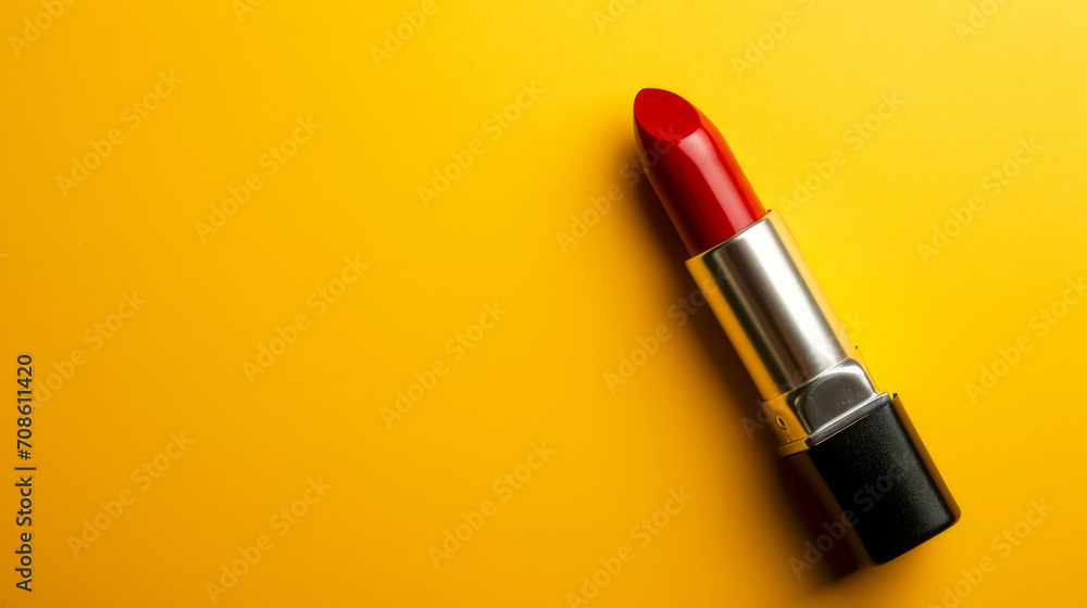 Closeup Red lipstick on a yellow background in beauty industry photography style Closeup Red lipstick on a yellow background in beauty industry photography style