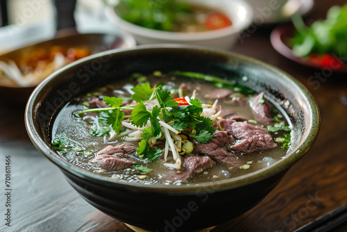 Delicious food, fresh beef pho at a restaurant, tasty dish