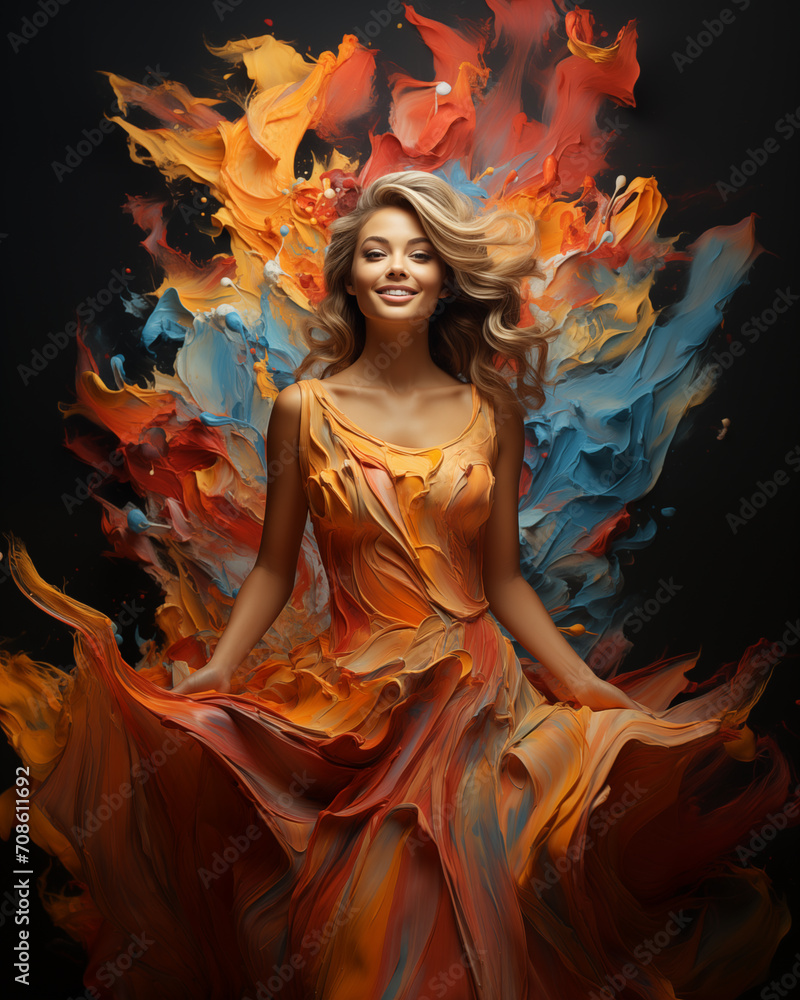 Portrait of a cheerful, confident, and smiling young woman wearing a flowing dress made of vibrant colors swirling around her, featuring bold and vibrant hues in a romantic and feminine style.