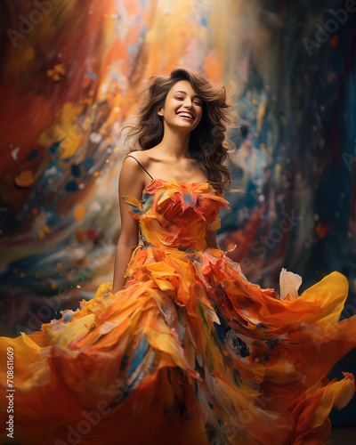 Portrait of a cheerful, confident, and smiling young woman wearing a flowing dress made of vibrant colors swirling around her, featuring bold and vibrant hues in a romantic and feminine style.