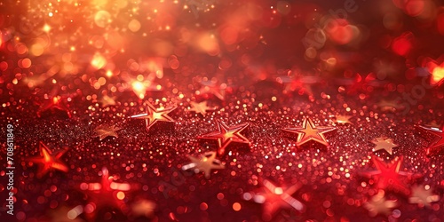 Red background with glitter , greeting card , decoration , blurred , stars