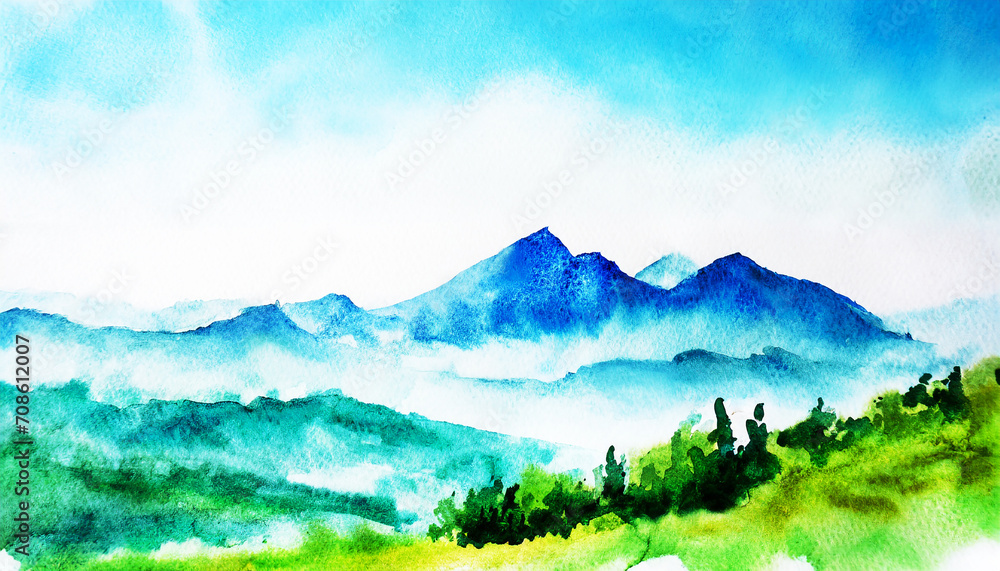 Abstract Mountain range landscape on watercolor painting on digital art concept, Generative AI.