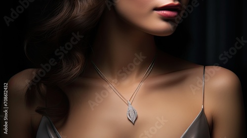 a beautiful young woman wearing a shiny diamond pendant in close-up, to highlight the beauty of both the woman and the jewelry, creating a visually appealing scene.