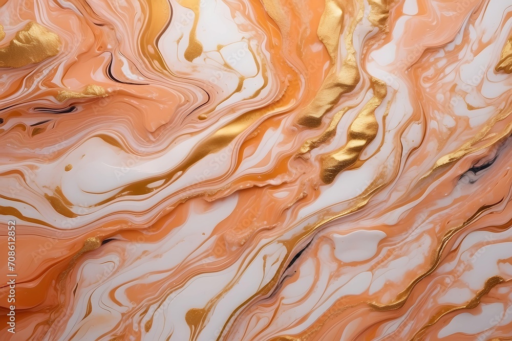 Obraz premium Abstract background of acrylic paint in orange and white tones. Liquid marble pattern