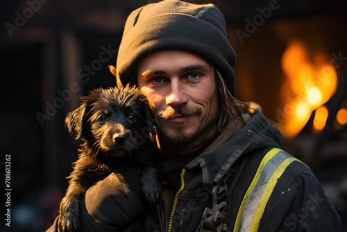 A firefighter saved a small dog from the fire.