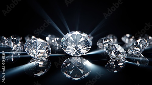 expensive cut diamonds arranged in front of a black background  with reflections on the ground  to accentuate the brilliance of the diamonds.