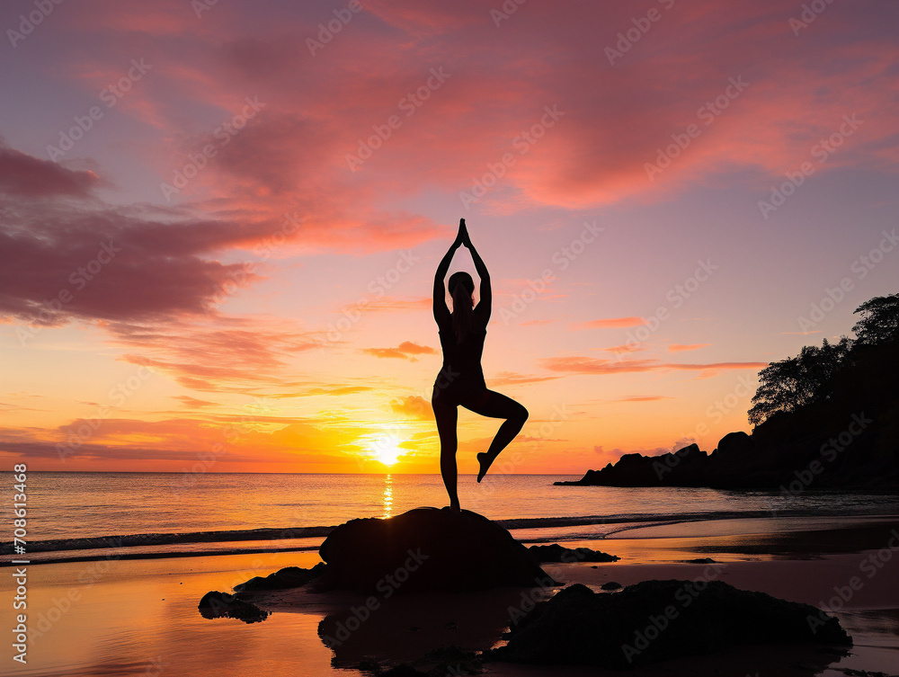 A group of people practicing yoga poses on a calm beach with a beautiful sunset.