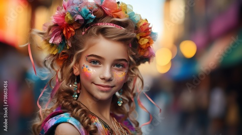 Close-up of a teenage girl with brightly colored hairpieces and makeup in a lively street style, Generative AI.