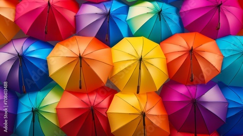 Colorful umbrellas under a rainbow during a drizzle