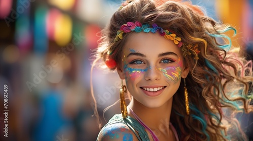 Close-up of a teenage girl with brightly colored hairpieces and makeup in a lively street style, Generative AI. photo