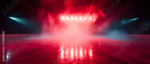 Red Ice Rink Background. Professional Arena illuminated red neon lights, spotlights with smoke. Copyspace. Winter poster for hockey competitions. Ice skating. Stadium. Generative ai photo
