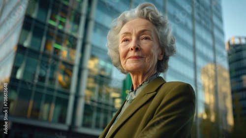 a Photo of an elderly  woman in an elegant suit in front of a large business center building 