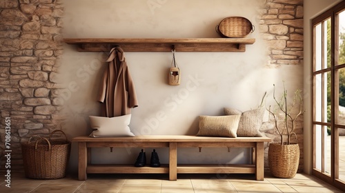 Coat rack on the wall over a rustic bench in a modern entry hall with a farmhouse interior style, Generative AI. photo