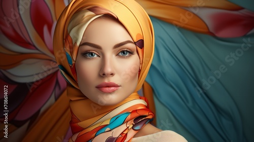 Depiction of a stunning young Muslim lady with a vibrant headscarf on a vibrant backdrop, Generative AI. © Electro Unicorn