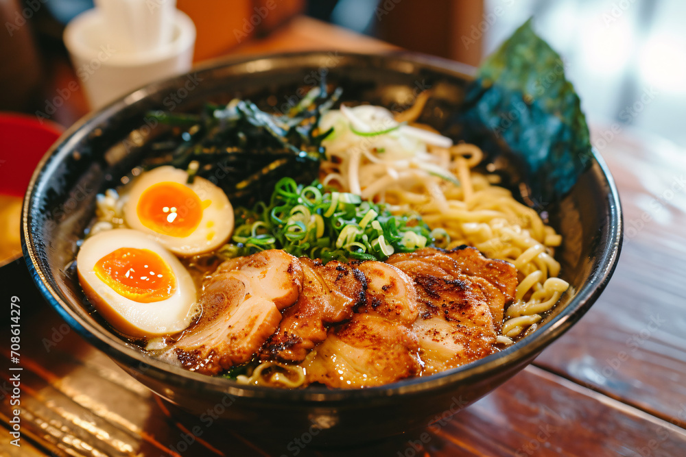 Delicious ramen in a bowl at a restaurant, culinary experience, Japanese food, and dinner