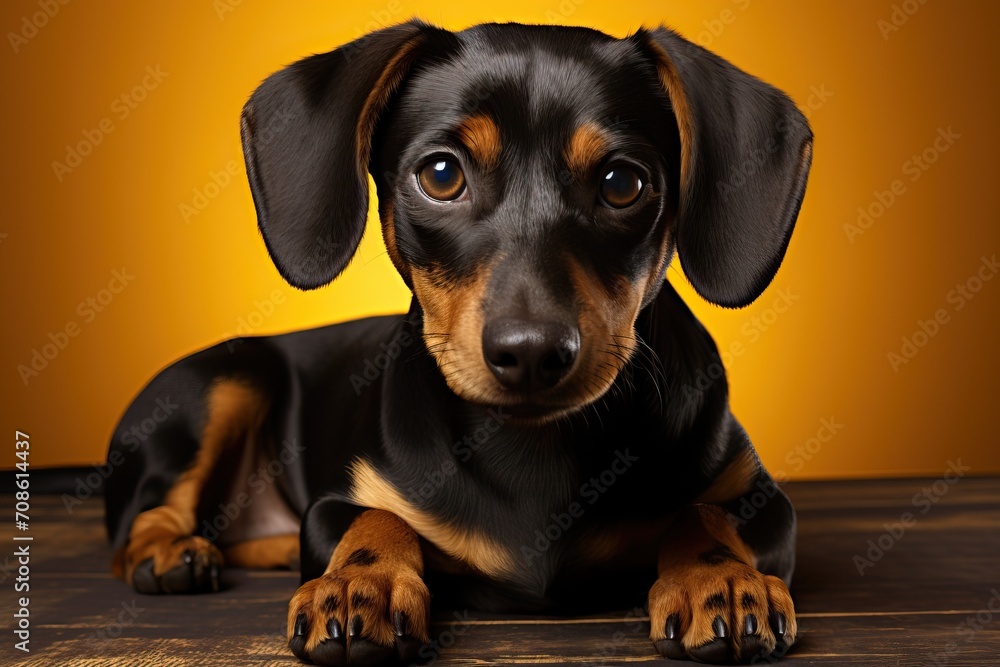 Portrait of a lying dachshund on an orange background.