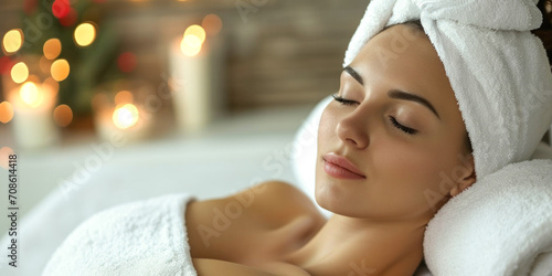 Serene Woman Enjoying a Spa Day with Festive Background