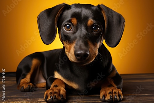 Portrait of a lying dachshund on an orange background. photo