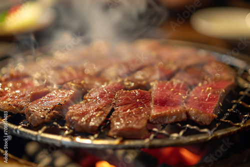Delicious yakiniku on a grill at a restaurant, culinary experience, Japanese food and dinner 