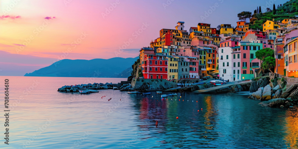 Sunset Silhouetting Colorful Coastal Village