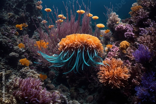 A spectacular sea anemone blossoms in all its splendor deep inside the ocean, its tentacles swaying in a captivating display of vivid hues and intricate patterns, a true beauty of the varied