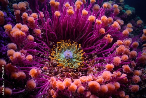 A stunning sea anemone blooms in all its splendor at the bottom of the water, its tentacles swaying in a captivating display of vivid hues and intricate patterns, a true beauty of the various