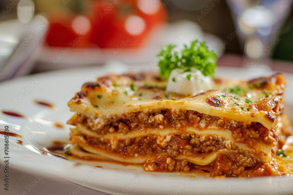 Delicious lasagne on a plate at a restaurant, culinary experience, Italian food and dinner 