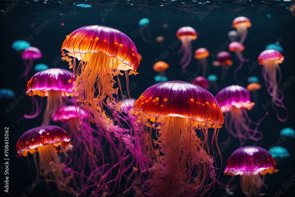 Deep within the ocean, neon jellyfish glisten with vivid hues as they drift with grace.