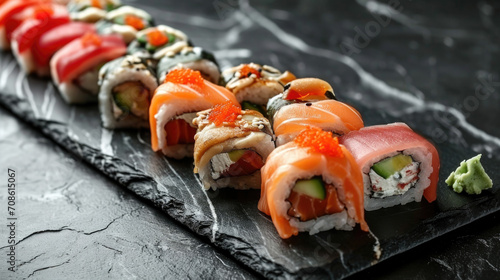 Variety of Fresh Sushi Rolls on Dark Slate Background