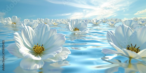 Expansive View of White Cosmos Flowers Serenely Floating on Water