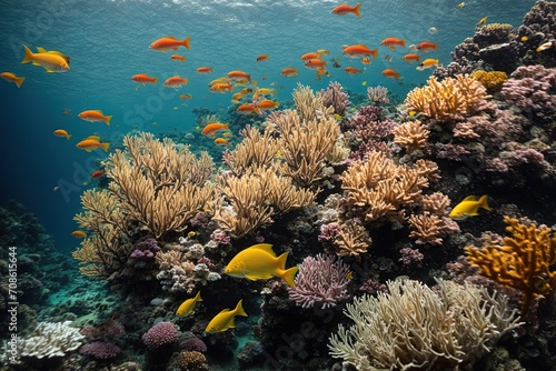 the vivid depths of an undersea coral reef, where multicolored schools of fish twirl between swaying seaweed