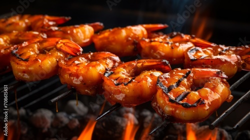 Skewers of marinated BBQ prawns on the grill, capturing the essence of BBQ