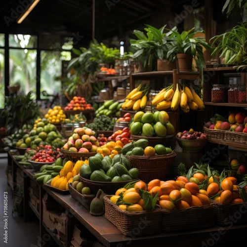 A photo of fruits in fruit shop with leaves in racks or bowls Generative AI