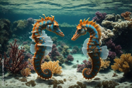 Two majestic seahorses gracefully glide through the crystal clear waters of their aquarium, their vibrant colors and intricate patterns mesmerizing to behold