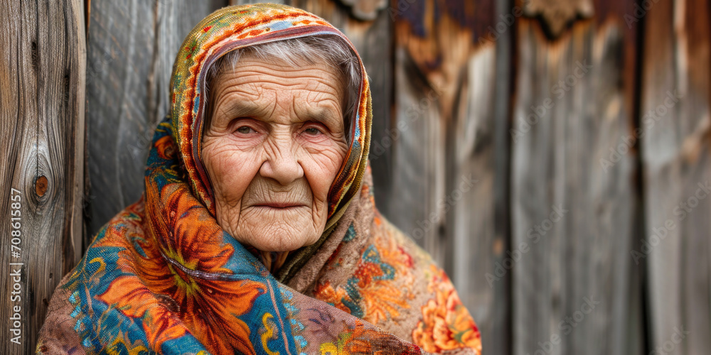 Aged Woman with Colorful Shawl Glancing Sideways, a Life of Stories in Her Eyes
