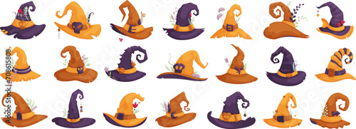 Set of Traditional headdress of magicians, sorcerers, druids and witches in purple, yellow and brown colors and small details, feathers, branches, pins, flowers and mushrooms. Cartoon style. photo