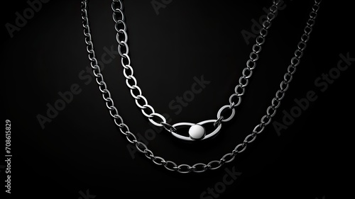 a double silver chain necklace on a black background with dark and rounded shapes, to accentuate the sleekness and elegance of the necklace, creating a visually striking scene.