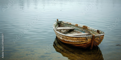 Abandoned Wooden Boat on a Calm Lake Shore Under Grey Skies