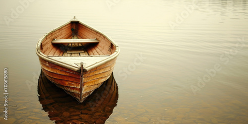 Misty Morning: Empty Wooden Boat Floating on a Calm Lake