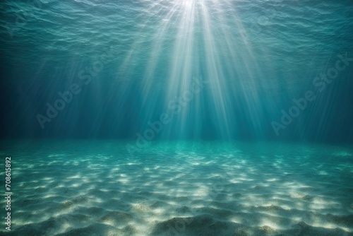 underwater scene with a sandy bottom, a deep blue sea, and lovely light beams